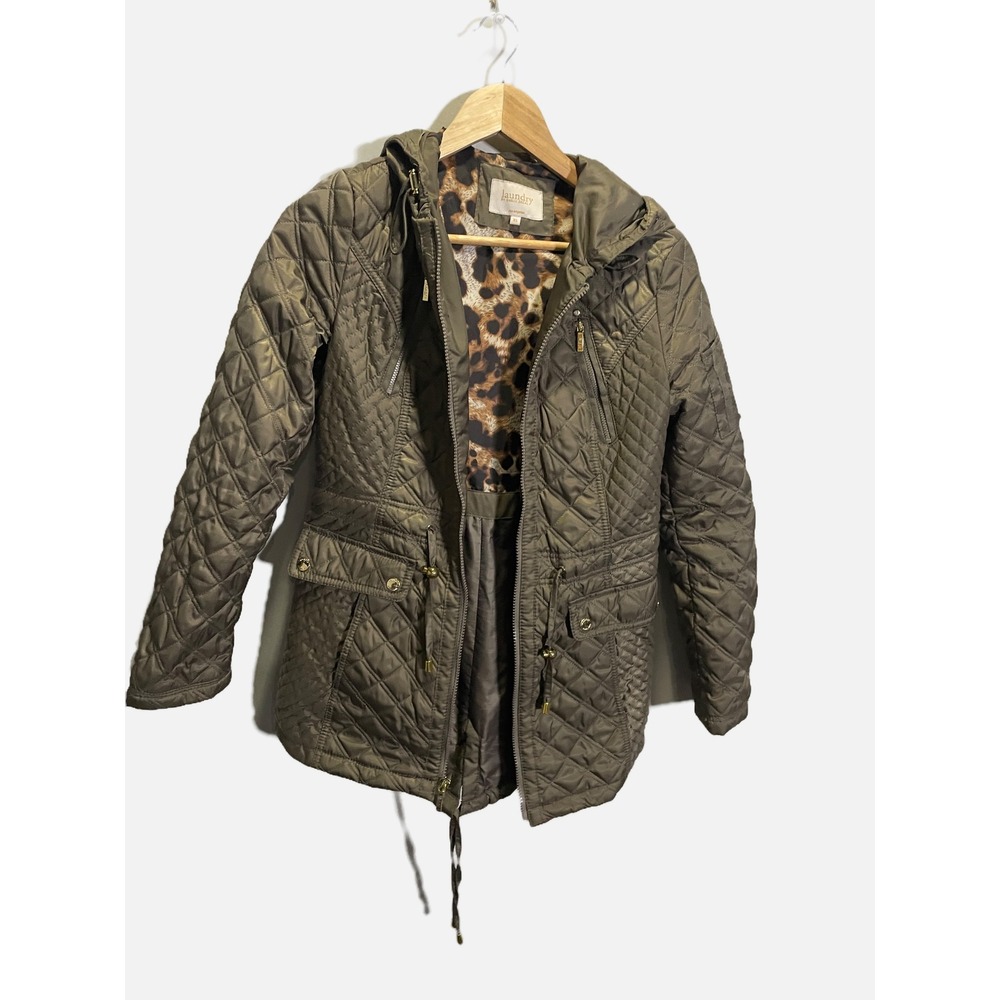 Laundry by Shelli Segal Quilted Jacket Womens XS Olive Leopard Hooded Parka